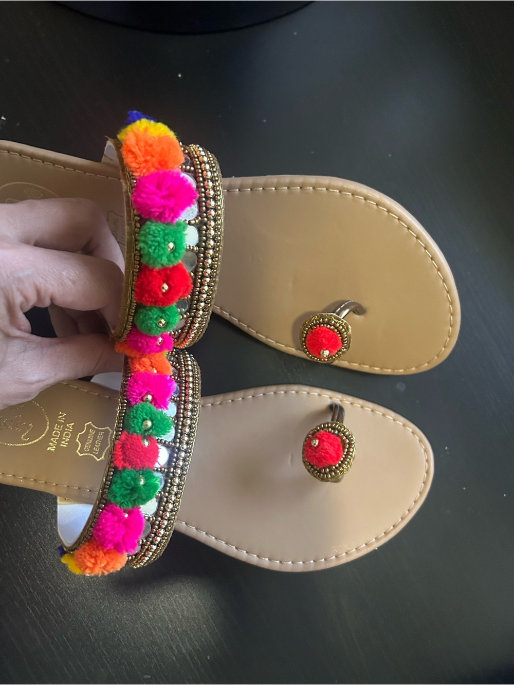 Lucky Brand Multicolor Pom Pom Leather Toe-Post Sandals